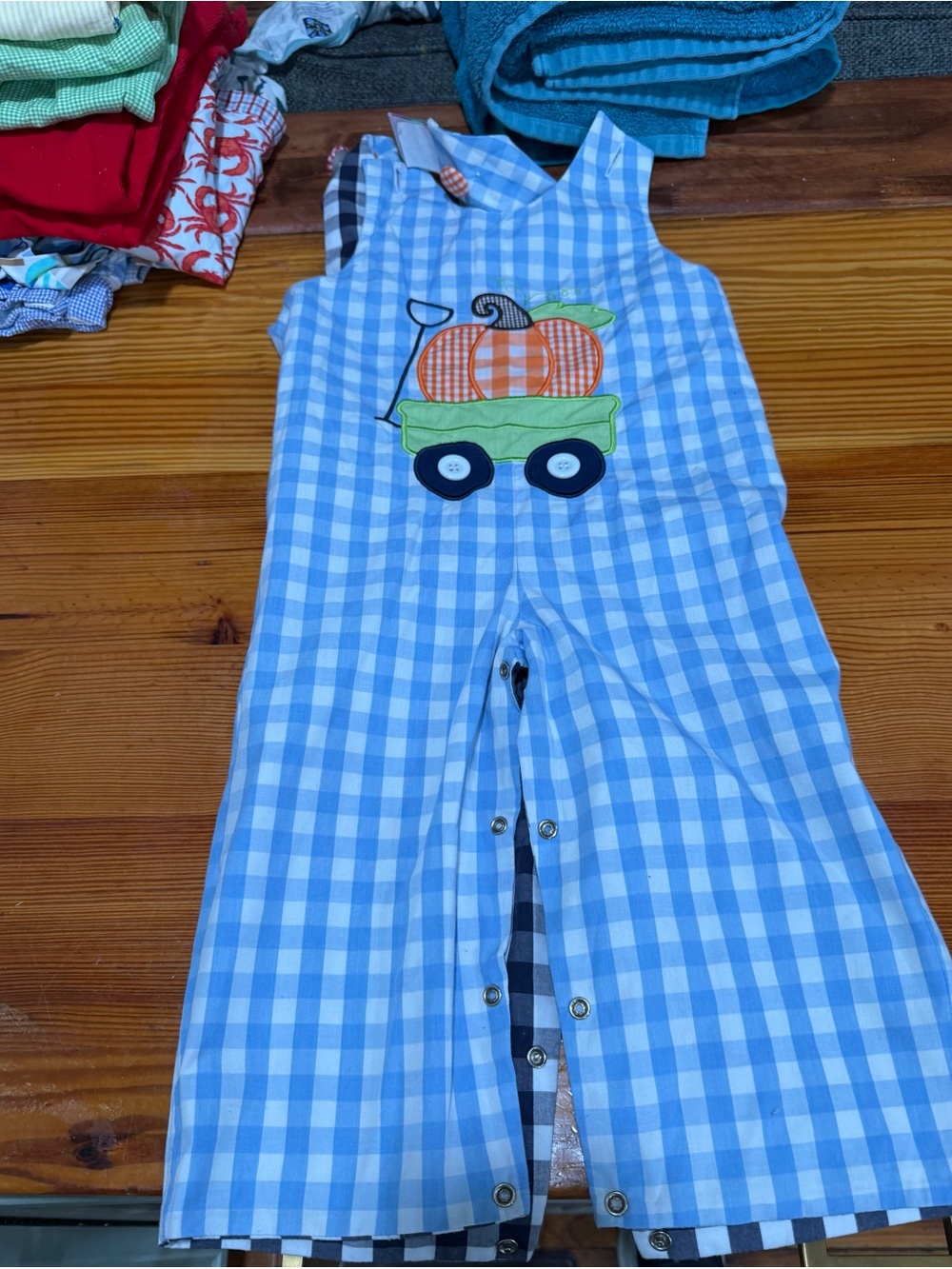 Reverse Blue Gingham Pumpkin Wagon and Santa